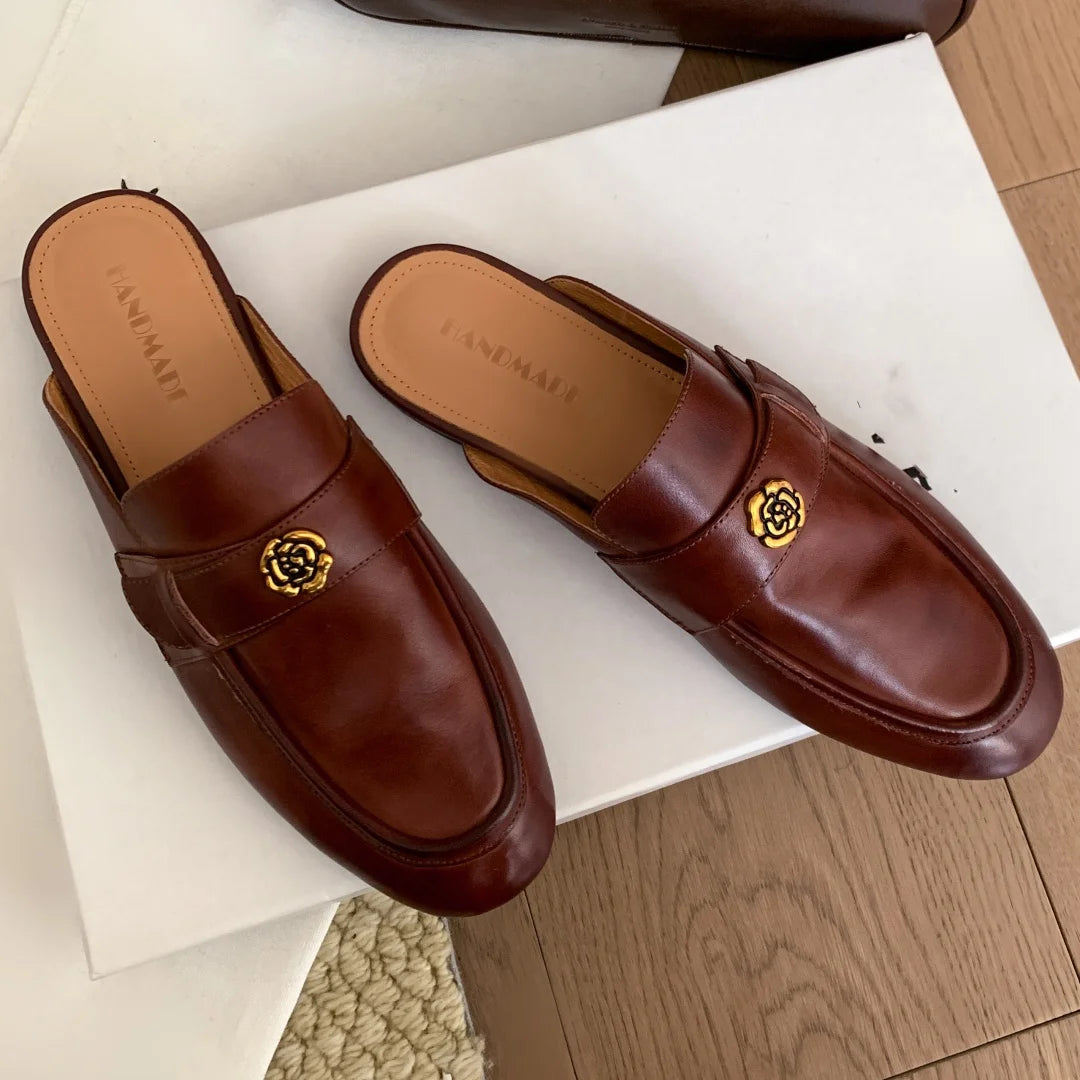 Women's cow leather round toe slip-on flats summer slides sandals high quality soft comfortable metal buckle casual female mules
