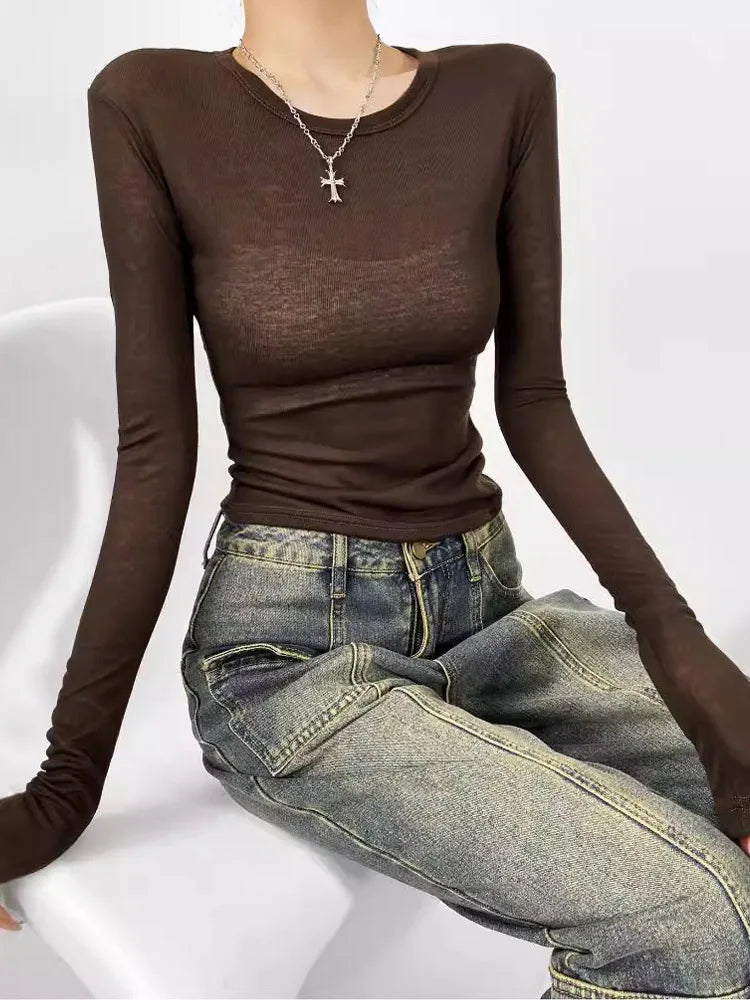 Spring and summer women's round neck slim fit long sleeved semi transparent T-shirt