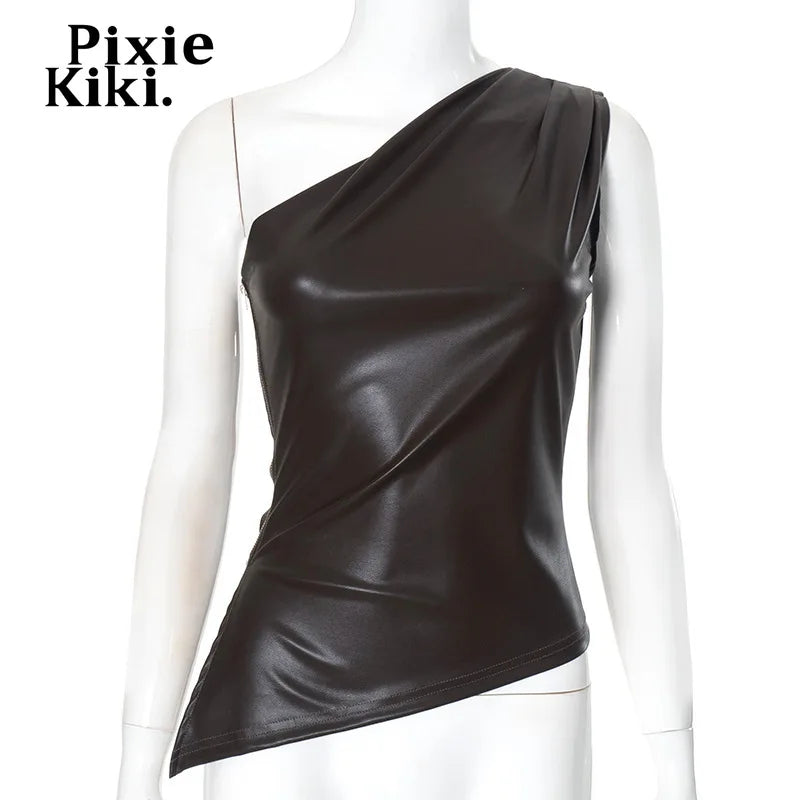 PixieKiki Fashion PU Leather Sleeveless T Shirts Side Zipper One Shoulder Asymmetrical Tops Women Clothing Fall 2024 C85-CA12