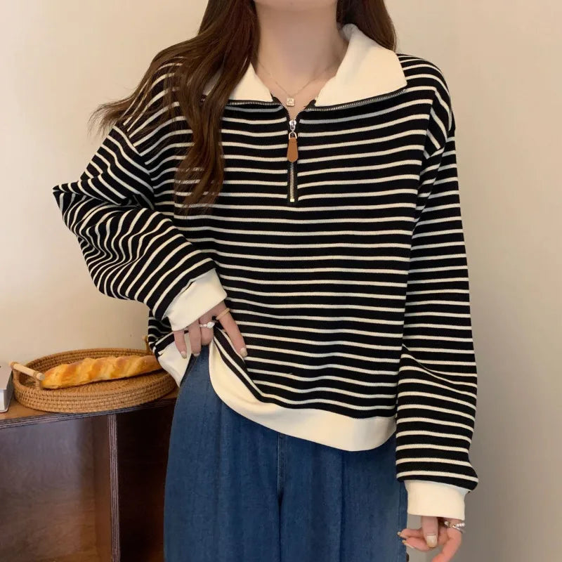 Women Striped Half Zip Sweatshirt Long Sleeve Collared Pullover Casual Fit  Fashion Oversized Streetwear Tops 2026 Tendencias