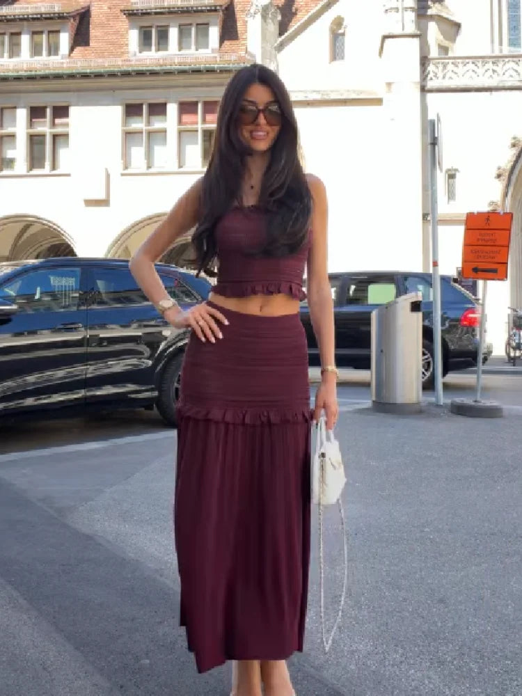 Ruched Knit Top And High Waist Long Skirt 2 Piece Set Ruffled Hollow Out Burgundy Outfit for Party Date Vacation Wedding Guest