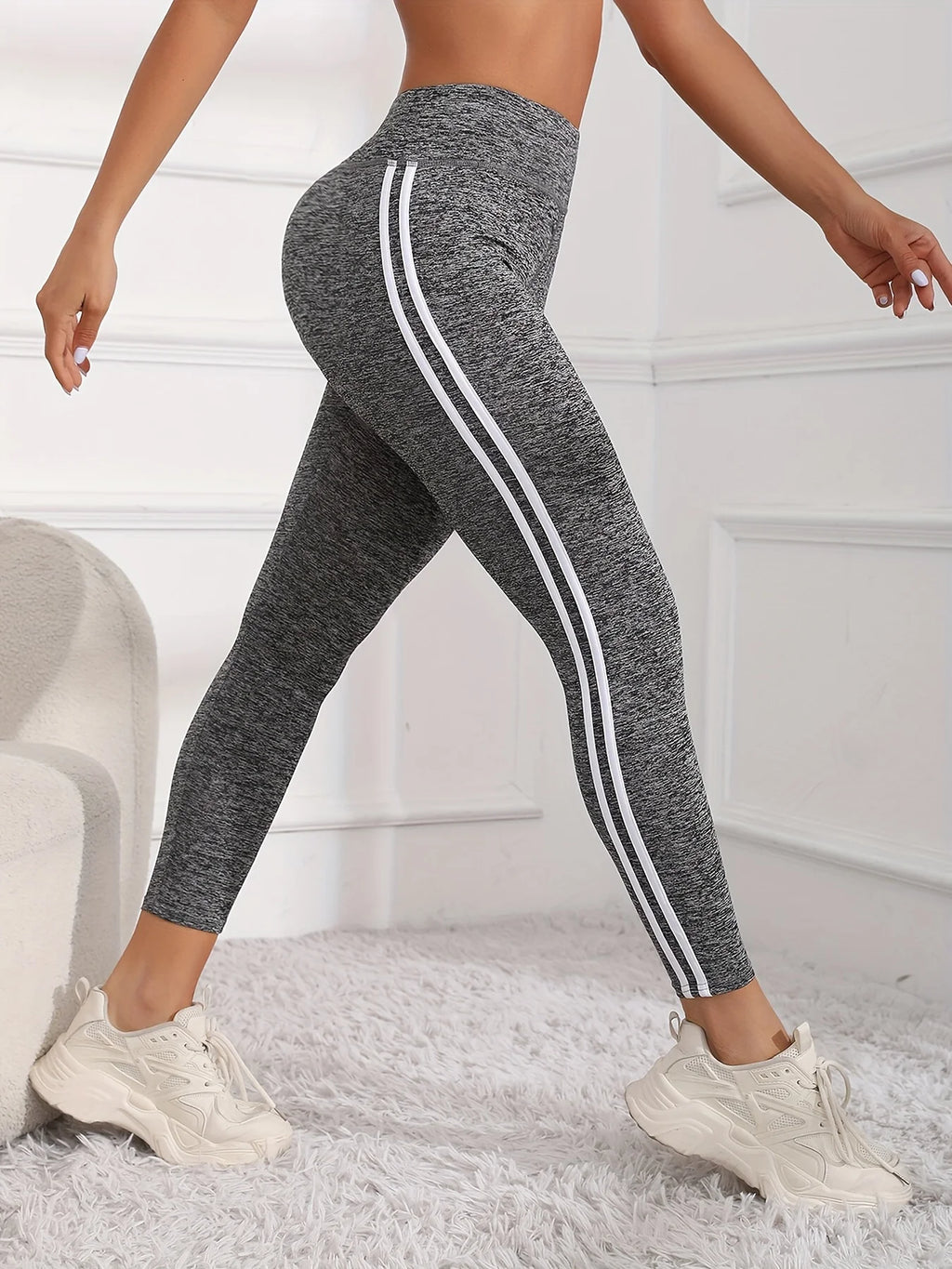 Women's Super Soft Leggings With White Striped, High Waist Stretch Workout Running Tight Pants