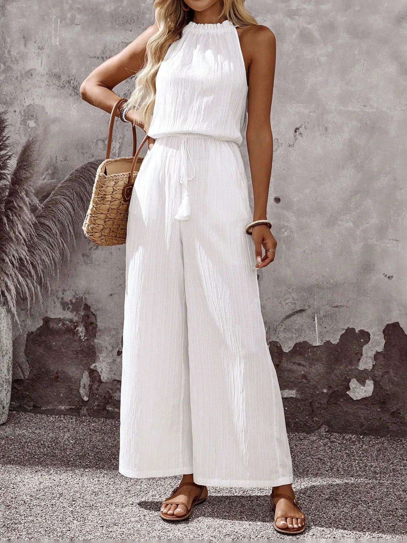 Jumpsuits for Women New Summer Sleeveless Halter Jumpsuit Women Casual White Lace-up Wide-leg Jumpsuit Women Elegance 2026 Q4123
