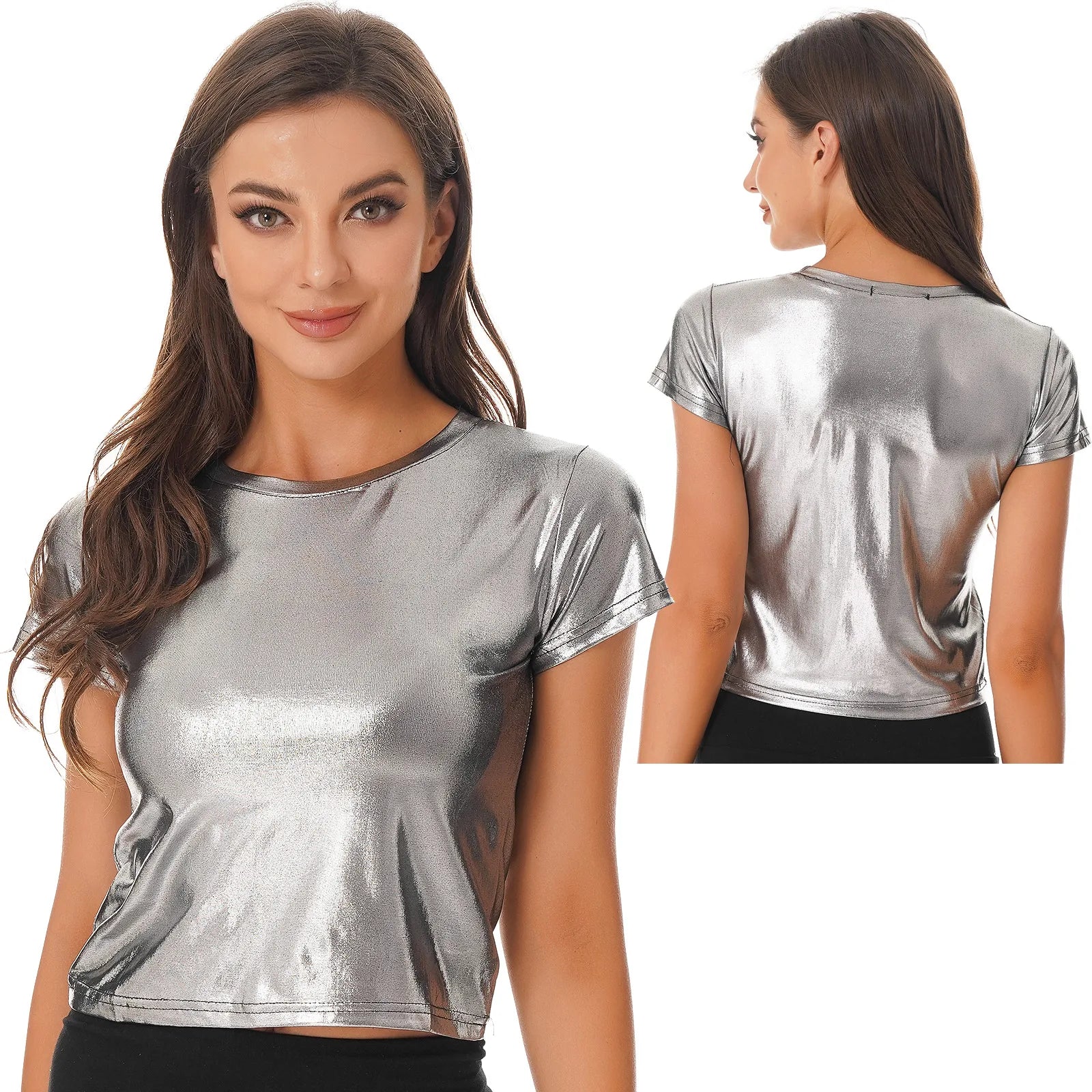 Women Shiny Metallic Silver Short Sleeve T-shirt Sexy Round Neck Glossy Solid Color Tops for Dance Party Rave Festival Clubwear