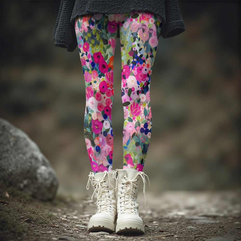 Colorful Blooming Flowers Pattern Women's Leggings Autumn Winter Warm Fashion Tights Stylish Outdoor Look Fashion Streetwear