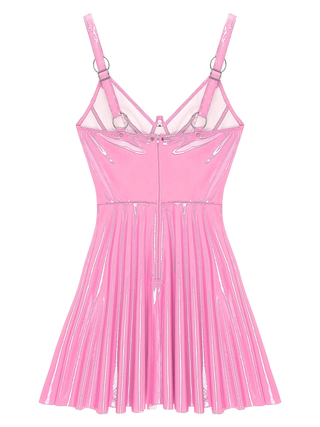 Womens Sexy Wet Look Patent Leather Slip Dress O-Ring Rivets Strappy V Neck Gothic Punk A-Line Mini Dresses Rave Party Clubwear