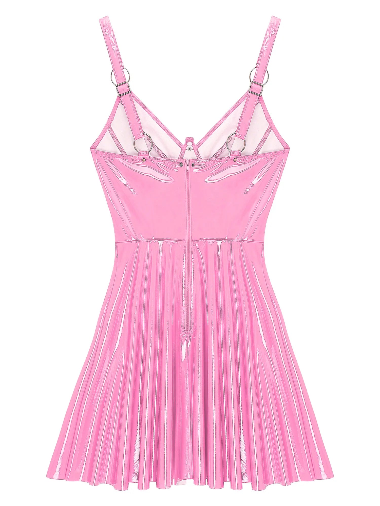 Womens Sexy Wet Look Patent Leather Slip Dress O-Ring Rivets Strappy V Neck Gothic Punk A-Line Mini Dresses Rave Party Clubwear