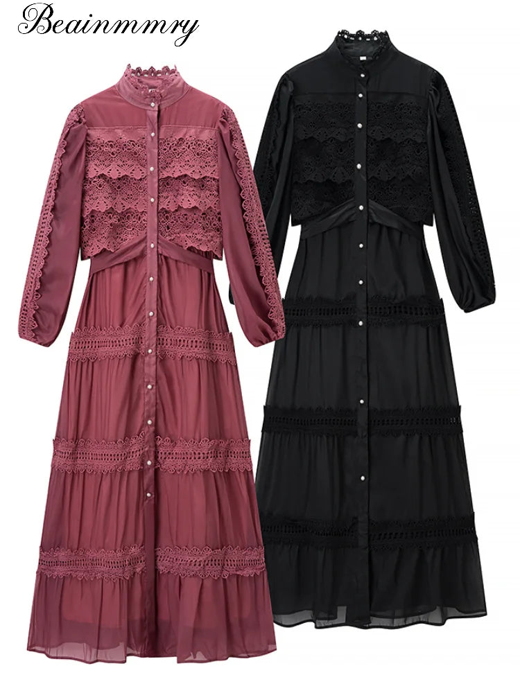 Hollow Out Women's Long Dresses Lantern Sleeves Lace Up Pearl Single Breasted Vestidos Spring Female Solid Elegant Robe 2026