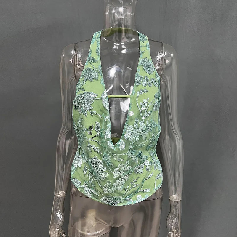 DGLUKE Green Sequin Top Women V-Neck Backless Crop Tops Summer Halter Neck Tank Top Camisole Sexy Glitter Shiny Club Party Tops