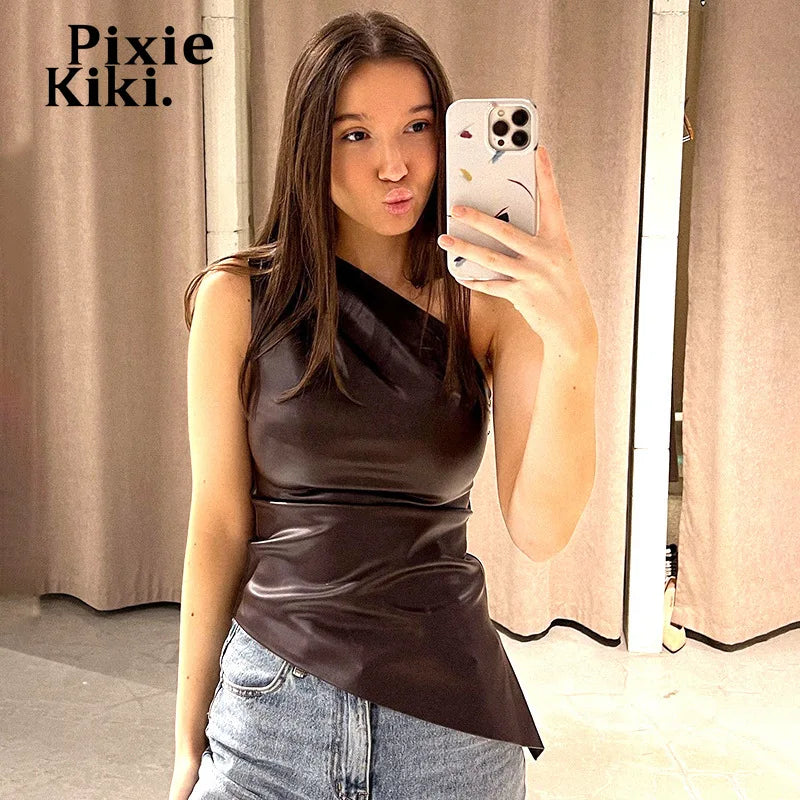 PixieKiki Fashion PU Leather Sleeveless T Shirts Side Zipper One Shoulder Asymmetrical Tops Women Clothing Fall 2024 C85-CA12