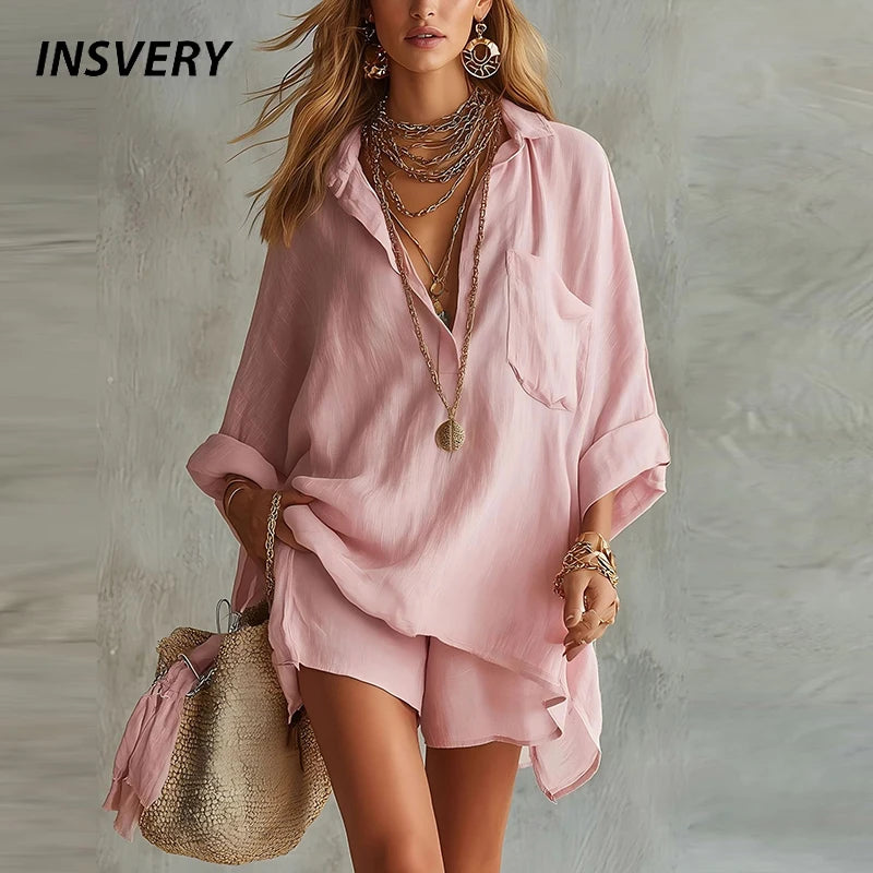 Spring Summer Long Sleeve V Neck Shirt Blouse High Waist Loose Shorts Suit Women Casual Two Piece St Comfortable Female Outfits