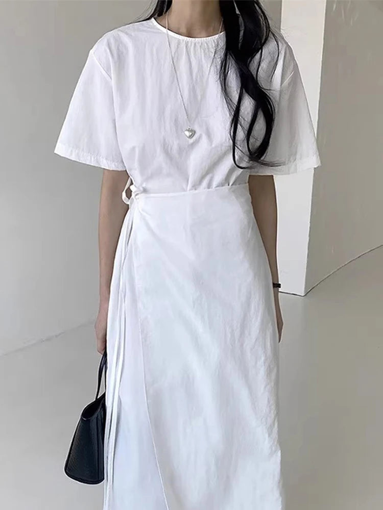 Korean Style Dress For Women Solid Gathered Waist Lace Up Minimalist Versatile Female Dresses 2024 Summer New