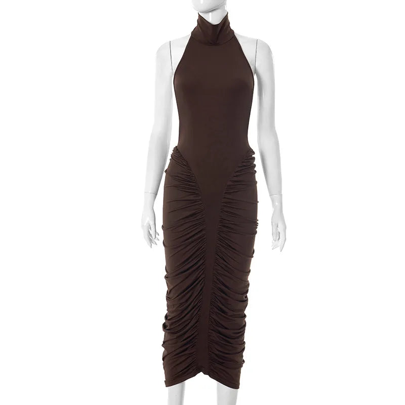 TARUXY Halter Pleated Maxi Dress For Women Sleeveless Sexy Backless Dress High Street Evening Party Clothes Bodycon Fashion