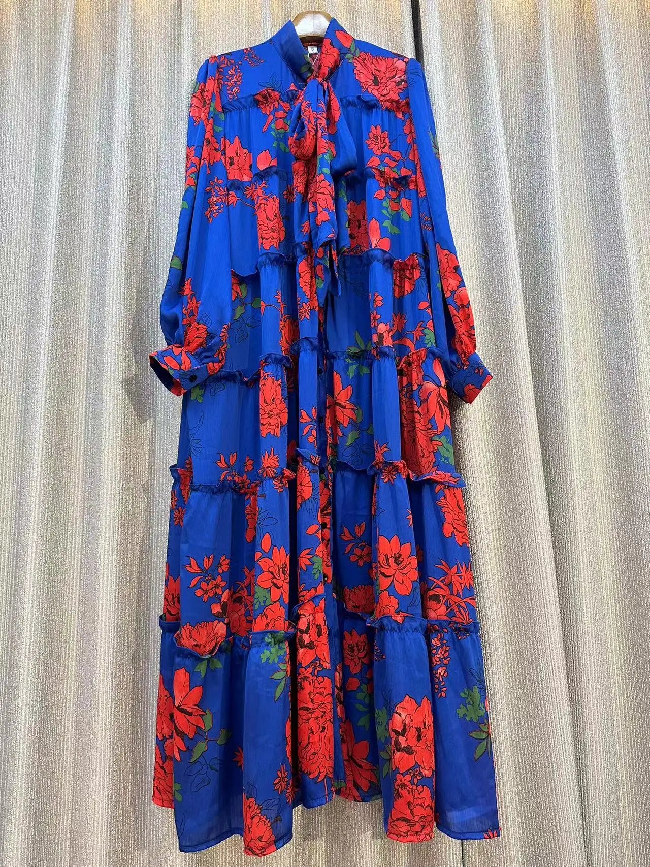 Clearance Temperament Women Lantern Long Sleeves O-Neck Slim Single Breasted Print Maxi Dress Elegant Vintage Chic Spring Dress