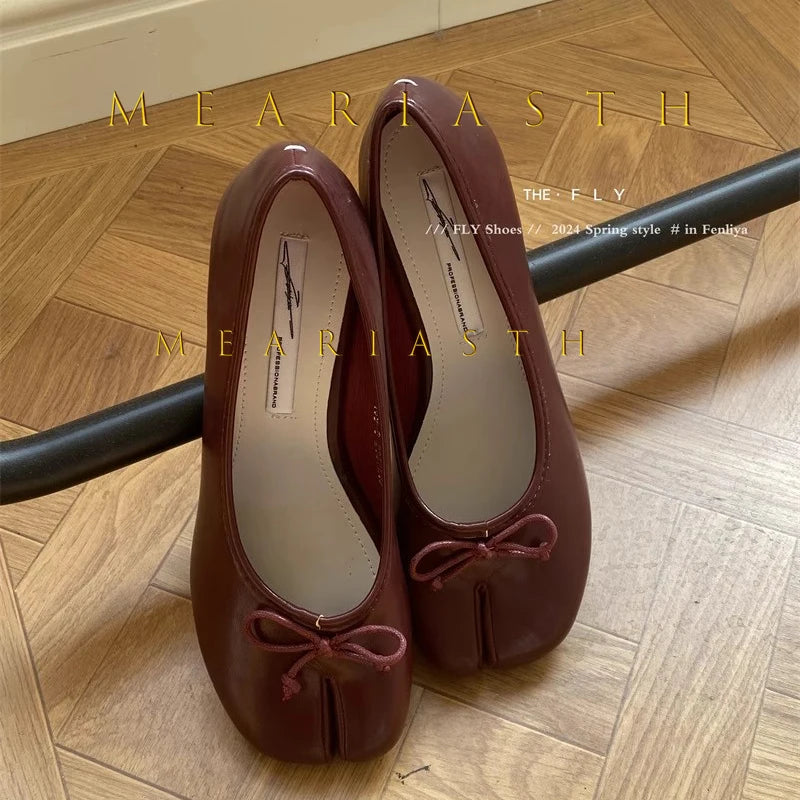 Tabi Shoes Ballet Falts Leather Ballerina Shoes For Women Split Toe Flats Tabi Shoes Slip On Soft Bottom Moccasins with Bowknot