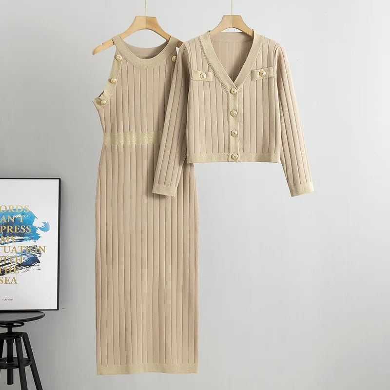 French Style Dress Sets Women's High Waist Knitted Two-pieces Sweater Tant Dress and Coats Spring Autumn Fashion Elegant Outfits