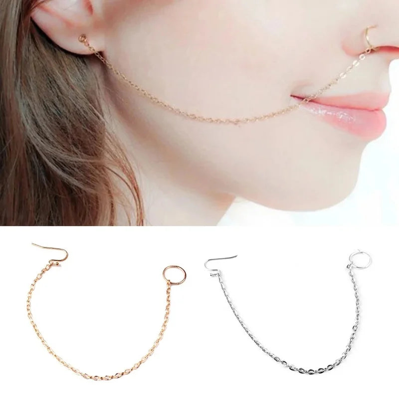 New 1Pcs  Ear Hook Nose Ring Body Jewelry Tassel Chain Link Nose Piercing Body Puncture Nostril Piercing for Women Jewelry