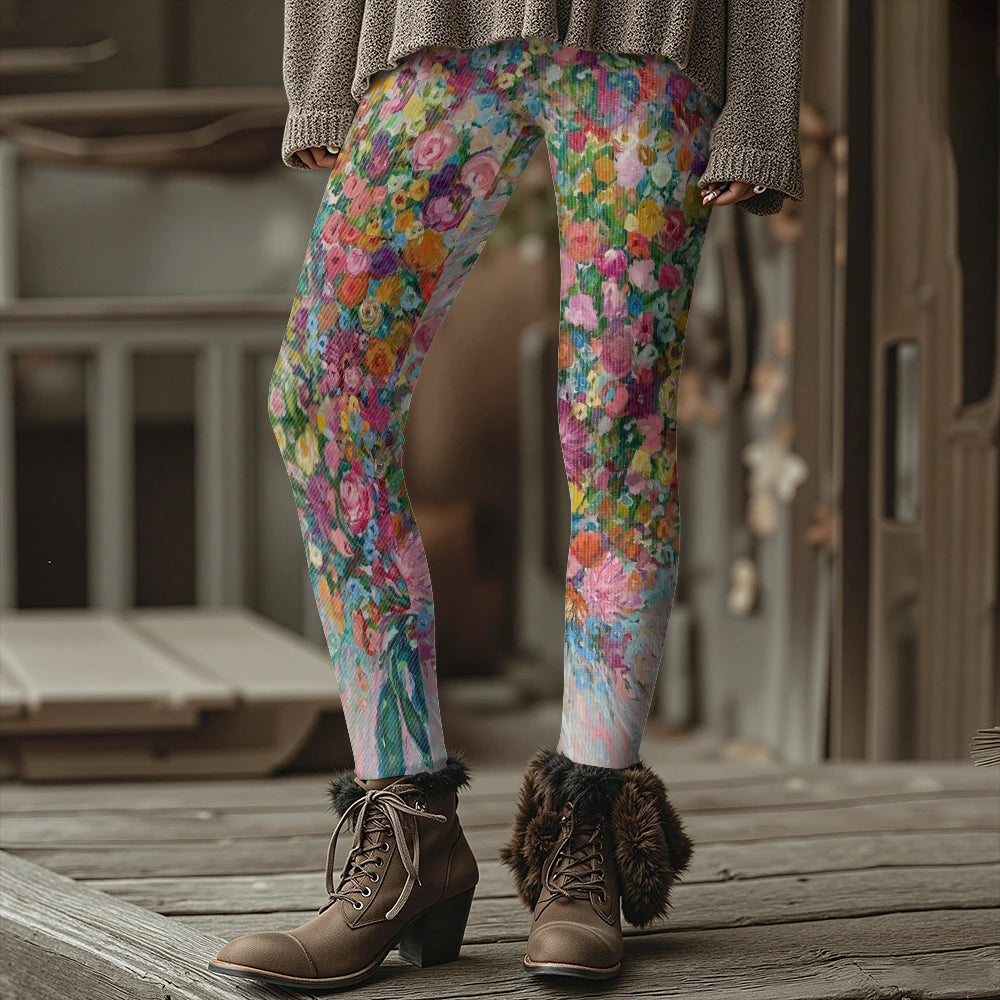 Colorful Blooming Flowers Pattern Women's Leggings Autumn Winter Warm Fashion Tights Stylish Outdoor Look Fashion Streetwear