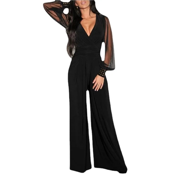 Spring Summer Fashion Sexy Women's Jumpsuit Elegant Solid Color Deep V Neck Lace Lantern Sleeves Splicing Rivet Slim Jumpsuits