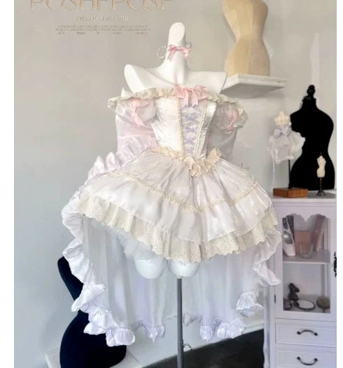 French Style Ladies Fairy Pink Strapless Dress 2025 Spring Summer Lolita Big Bow Princess Puff Short Party Evening Dresses