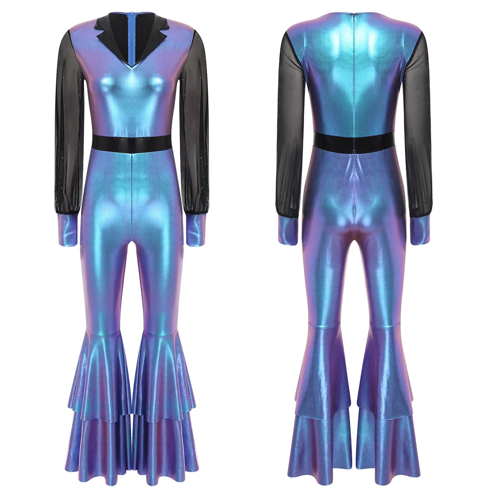 70 80s Disco Classical Vintage Jumpsuit Women Shiny Metallic High Waist Flared Bell-bottomed Rompers Playsuits for Dance Cosplay
