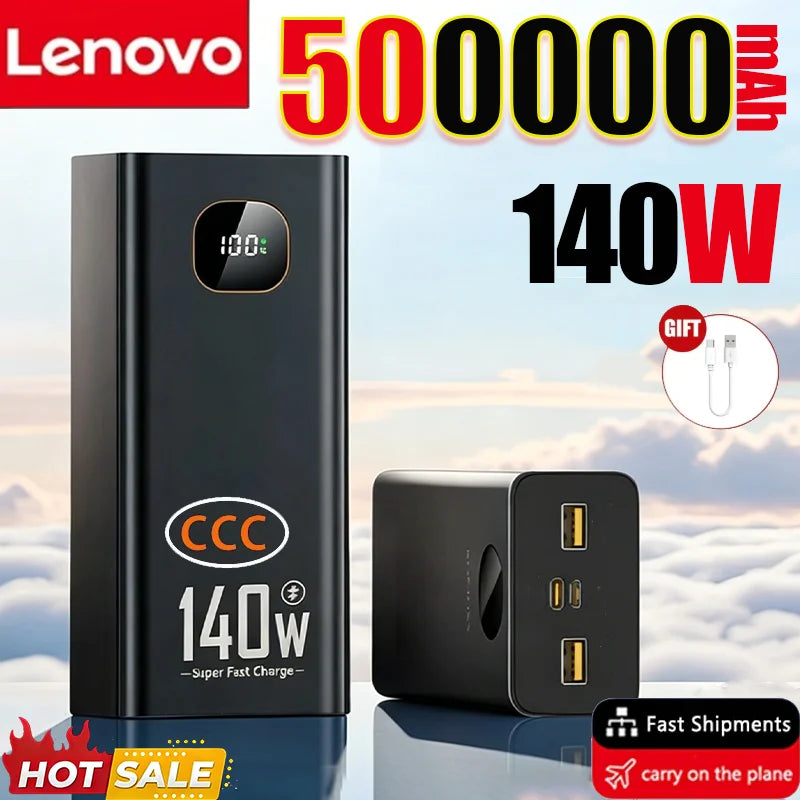 Lenovo 500000mAh High Capacity 140W CCC 2027NEW Power Bank Portable Super Fast Charging Battery Charger for Xiaomi iPhone