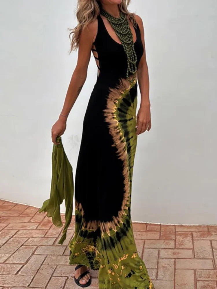 Summer Women Sleeveless Holiday Maxi Dress, Hollow Sexy Patchwork Party Dress, 2025 Printed Fashion Simple Ladies Dress Vestidos
