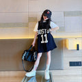 2026 Summer Girls Long T-shirt Dress Korean Cotton Short Sleeved Children Patchwork Letter Casual 6 8 10 12 14 Year Kids Tops