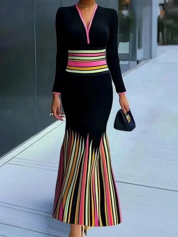 Freeacy 2024 Ladies Bodycon Dress V-neck Long Sleeves Colorful Striped Evening Dresses for Women High Waist Pleated Dress