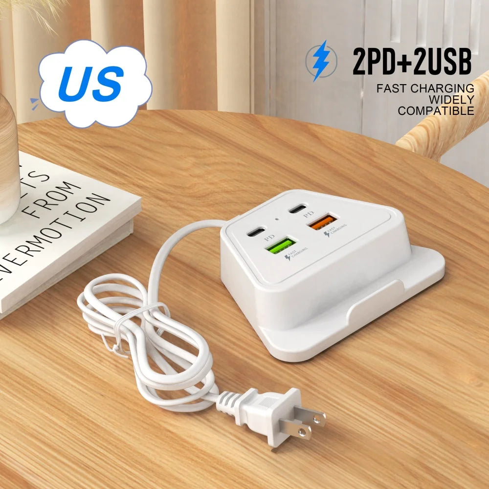 4 in 1 Desktop Charging Station 2PD 2USB Fast Charger Power Strip with EU UK US Plug USB Hub Adapter Socket for Multiple Devices