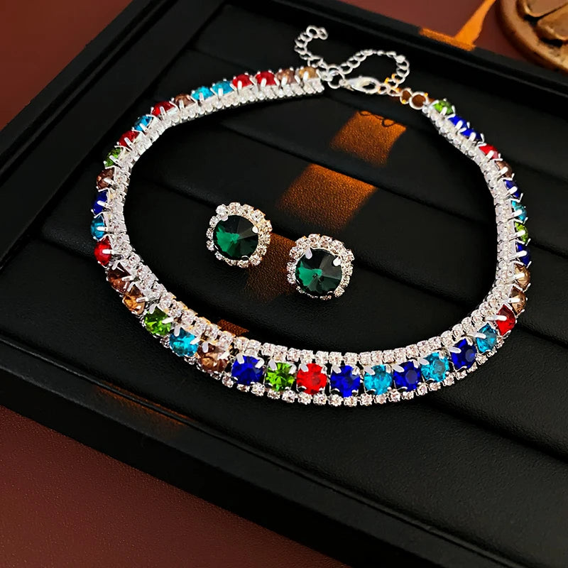 Luxury Green Rhinestone Necklace Stud Earrings For Women Crystal Choker Necklaces Ladies Fashion Weddings Banquet Jewelry Set K