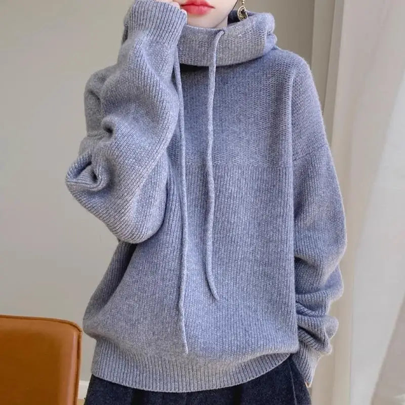 Hoodies Sweater Women Pullover Hooded Thick Knitting Top Drawstring Knitwear Autumn Winter Knitted Tops Jumper Office Lady 2025