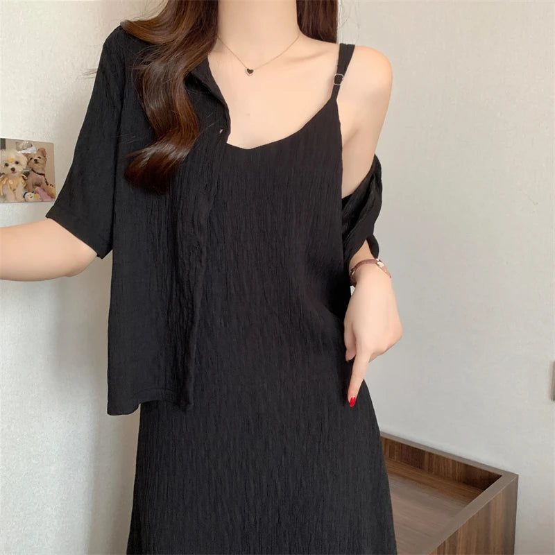 plus Size Summer Long Sve irt Early Spring New Sle Slimming Meat Covering Ele Strap Dr Two Piece Set Women's Cl...