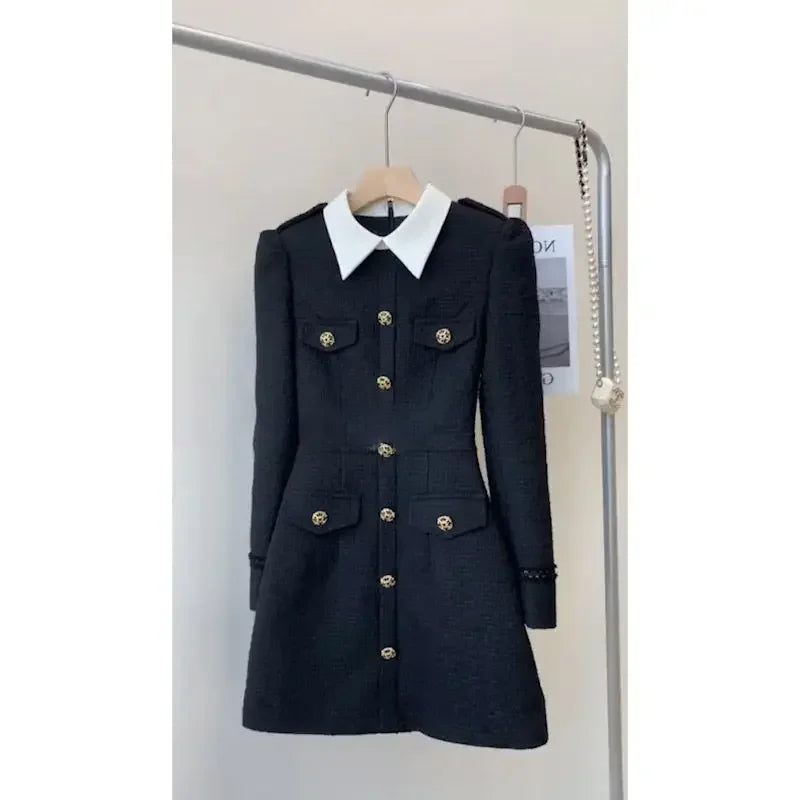 French High end Black Dress Autumn New Korean Fashion Commuter Polo Neck Long Sleeve Slimming A-line Mini Dresses for Women