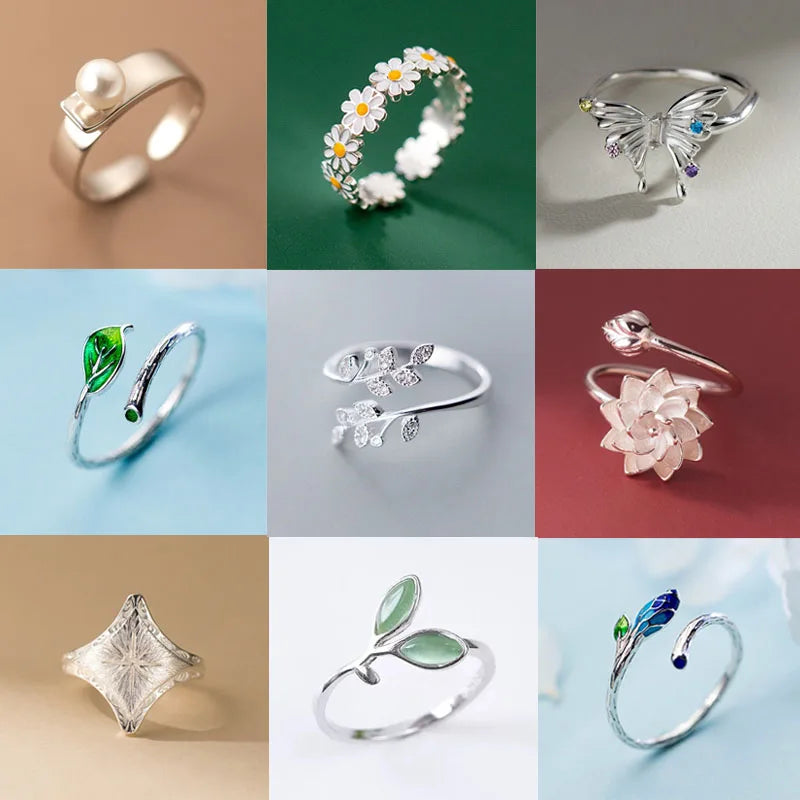 925 Sterling Silver Rings For Women Geometric Fine Jewelry Finger Adjustable Cute Flower Leaf Zirco Ring For Party Birthday Gift