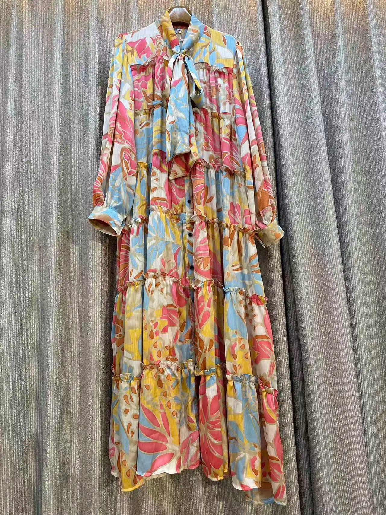 Clearance Temperament Women Lantern Long Sleeves O-Neck Slim Single Breasted Print Maxi Dress Elegant Vintage Chic Spring Dress