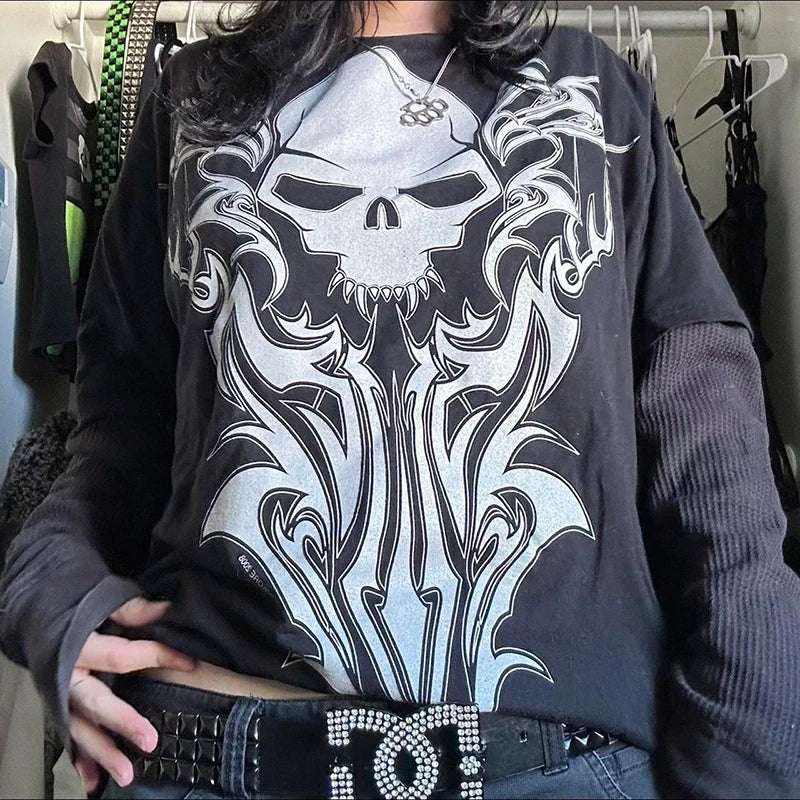 Cyber Y2K Grunge Mall Goth Top Patchwork Full Sleeve Baggy Pullovers Tees Japanese Edgy 00s Retro E-girl Gothic Emo T-shirt