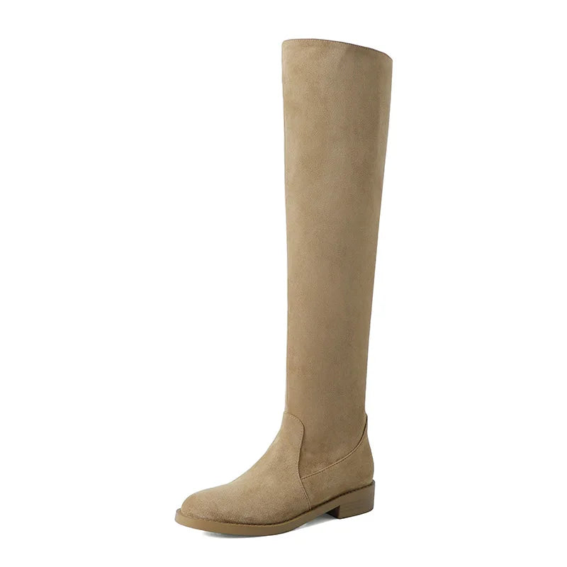 Arden Furtado Women's Brown Suede Knee High Boots Round Toe Low Heel Slouchy Ruched Wide Calf Over the Knee Boot