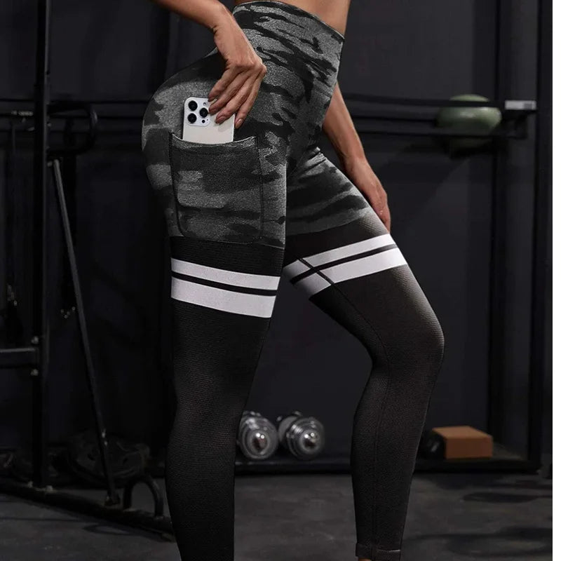 Striped Camo Leggings Women Seamless Knit Tights High Waist Hip Liftting Workout Running Slim Yoga Fitness Sportswear Yoga Pants