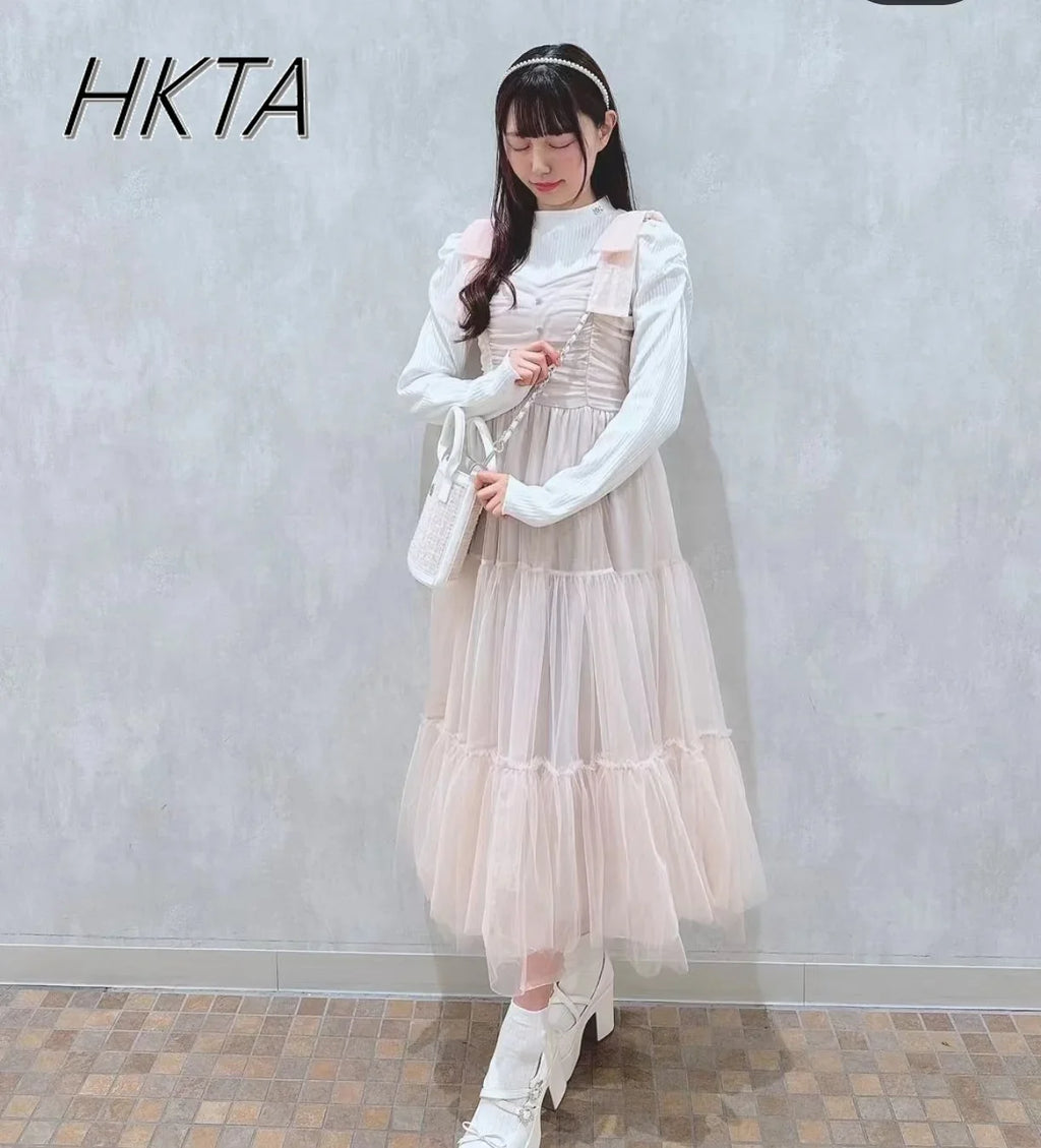 Japanese Style Niche Women Dresses Spring Summer Autumn Girl Sweet Bow Mesh Dress Lolita Cute Fairy Long Suspender Dress