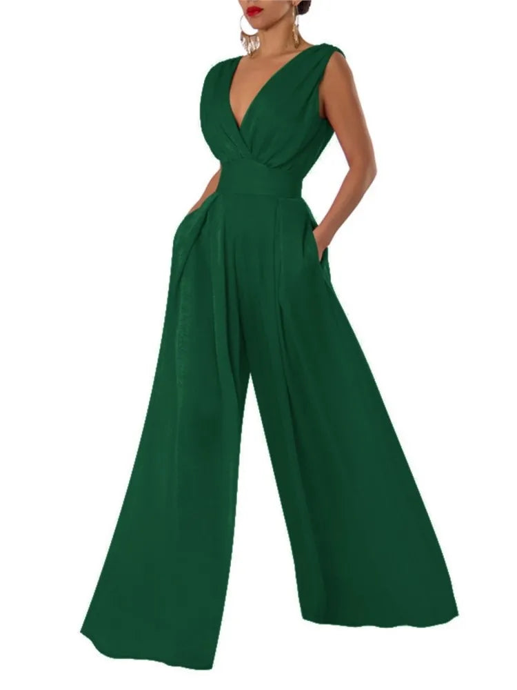 Jumpsuit Women Summer New Sleeveless Sexy Deep V-neck Solid Color High Waist Wide Leg Jumpsuits Elegant Commuting Lady Playsuits
