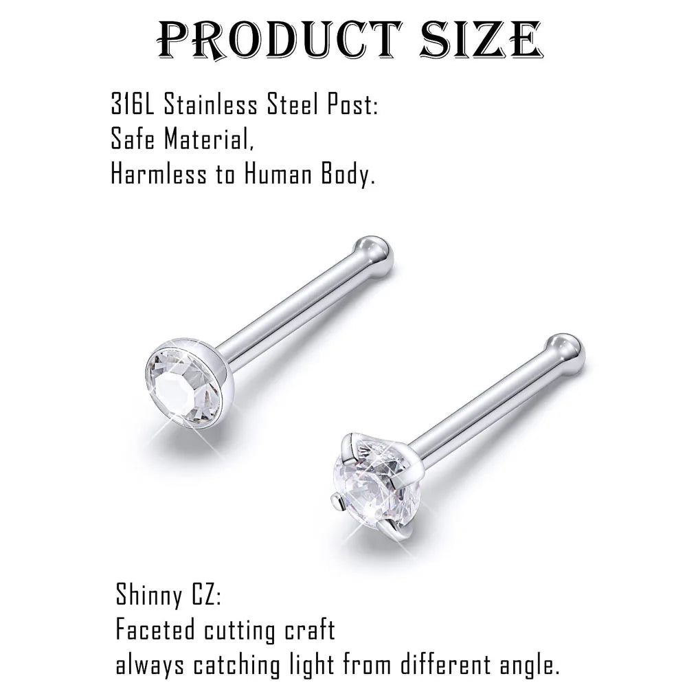 Nose Rings 2pcs 20G Surgical Steel Piercing Jewelry Straight Screw Clear CZ Nose Piercing Jewelry Silver Nostril Ring