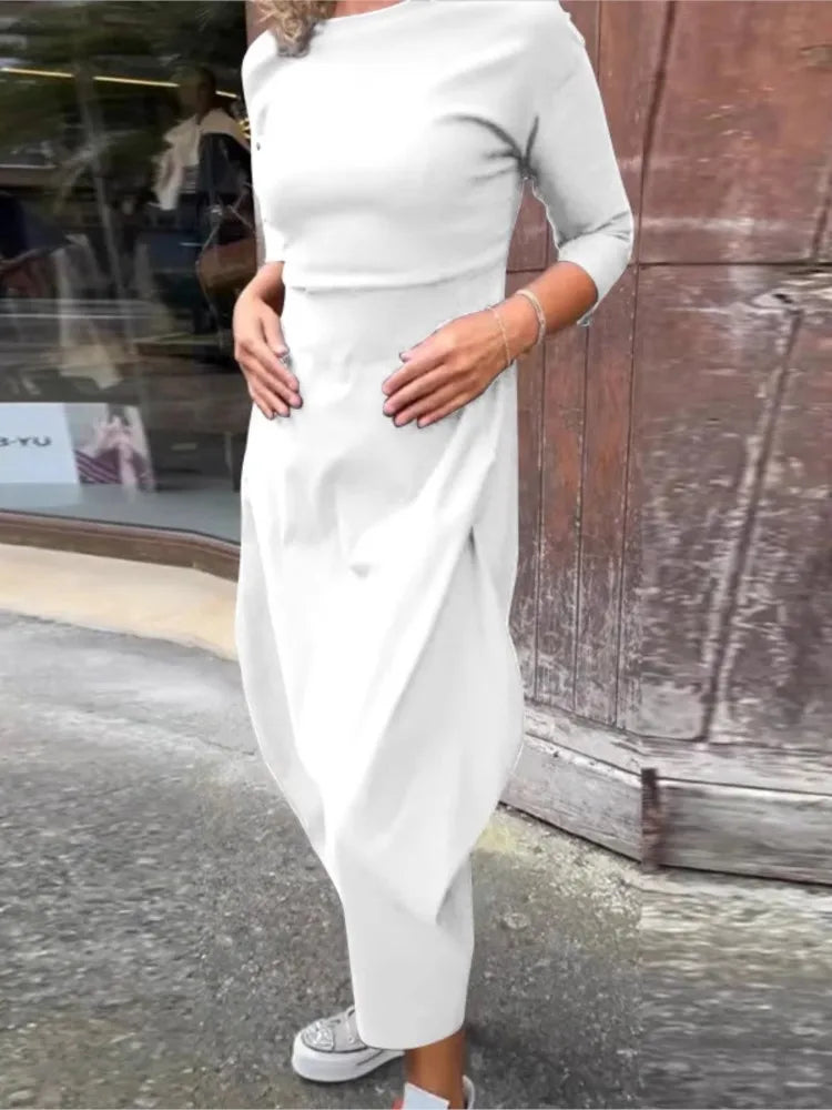 Dress For Women Slouchy Fashion Solid Color Long Dresses Loose Round Neck Long Sleeve Vintage Comfortable Vestidos Para Mujer