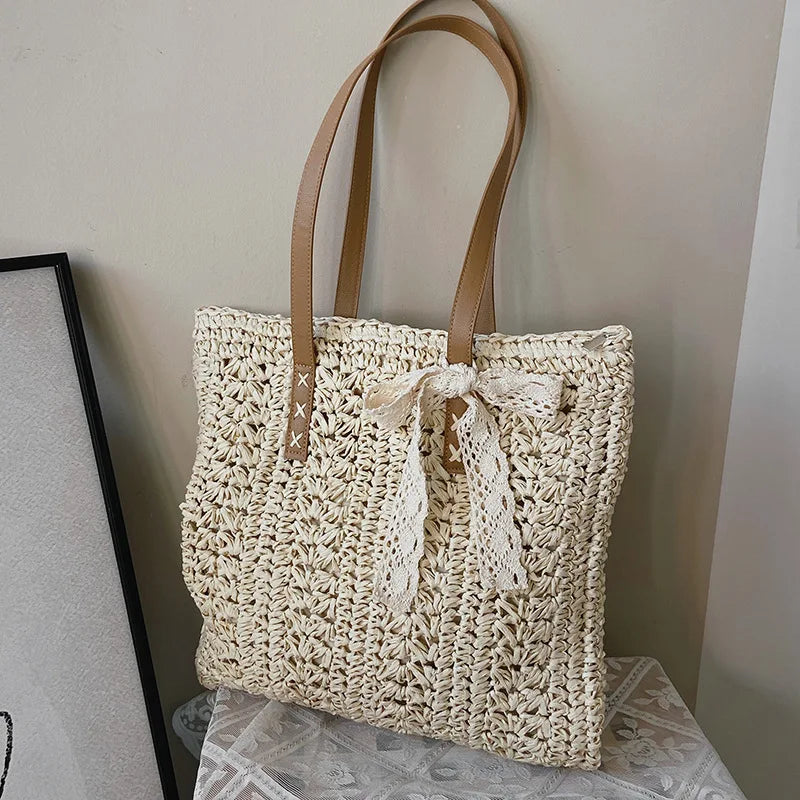 Square Hollow Straw Beach Bag Handmade Woven Shoulder Bag