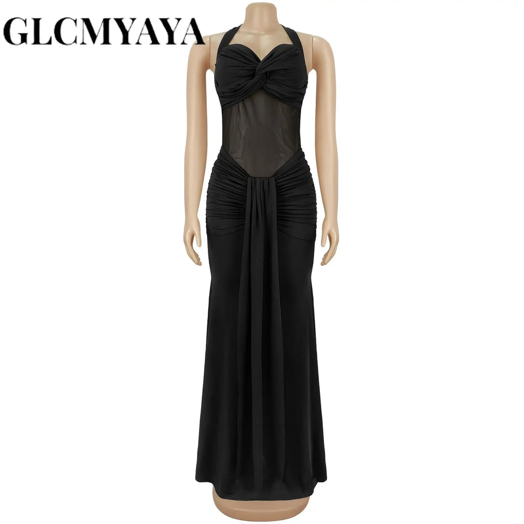 CM.YAYA Women Off Shoulder Halter Lace Up Ruched Bodycon Maxi Dress 2026 Birthday Evening Sexy Party Long Dresses Vestidos