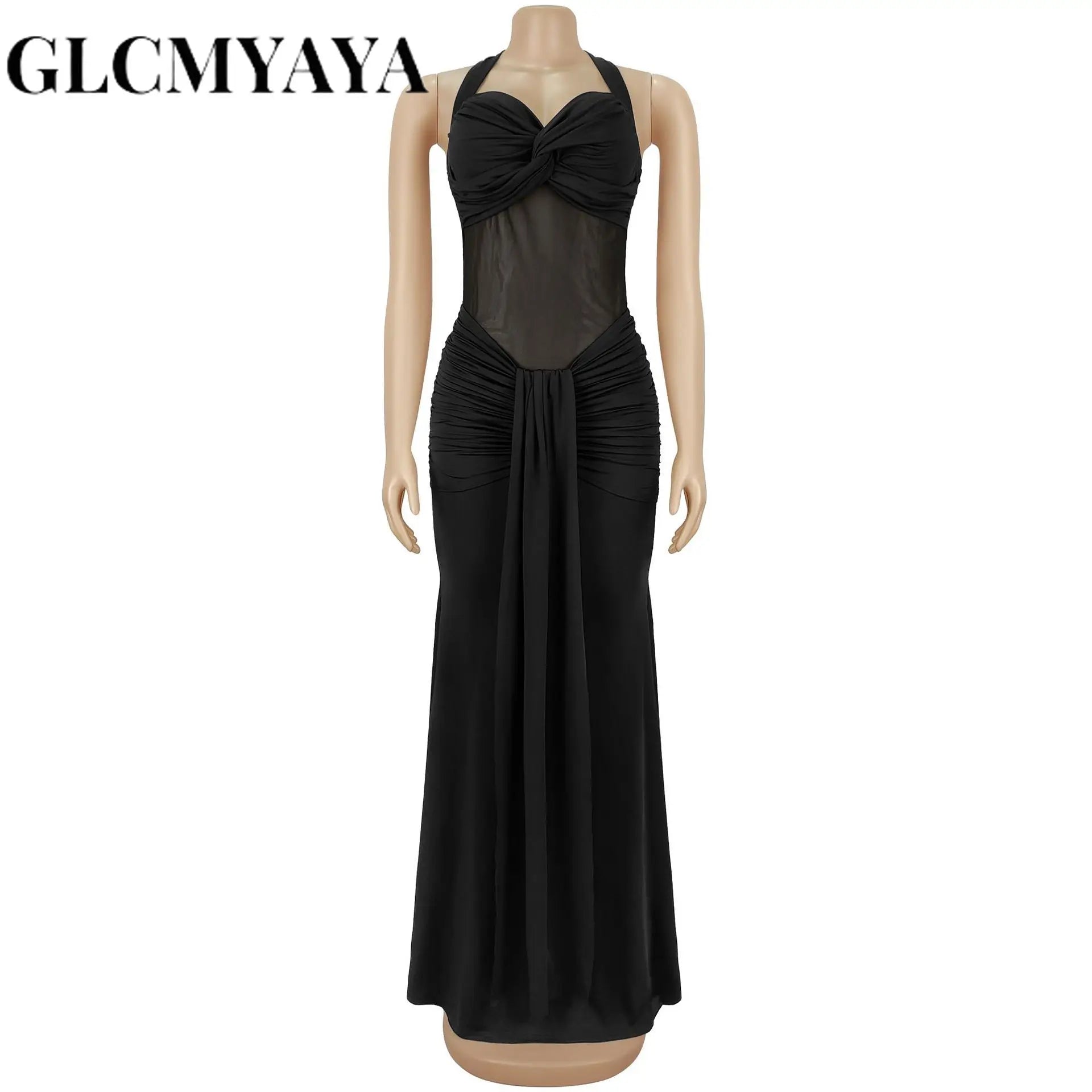 CM.YAYA Women Off Shoulder Halter Lace Up Ruched Bodycon Maxi Dress 2026 Birthday Evening Sexy Party Long Dresses Vestidos