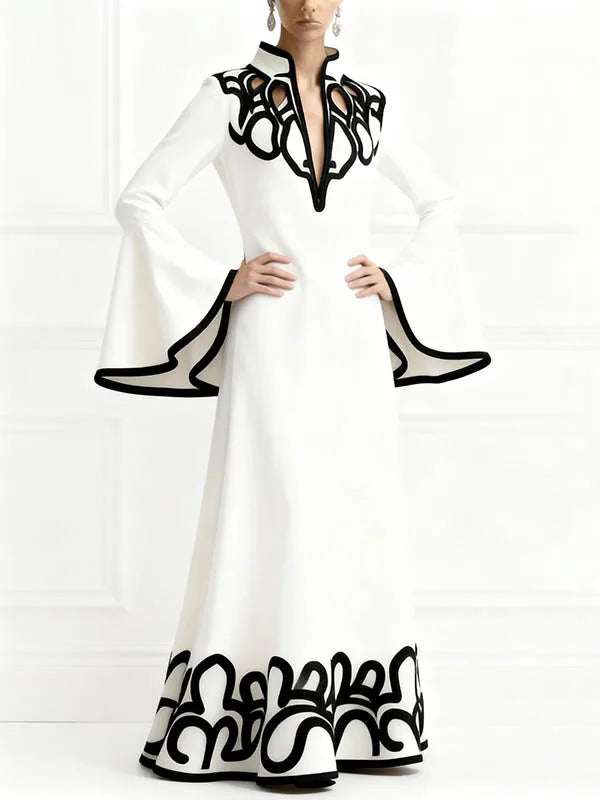 Modigirl Women's Spring Artistic Vintage Maxi Dress 2026 Hollow V-Neck Flared Sleeves Lady Elegant Gown for Formal Evening Party