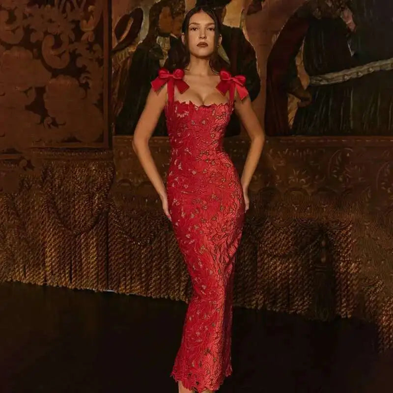 Townlike Hollow Out Slim Bodycon Christmas Dress Women 2024 Summer Dress Bow Embroidery Maxi Long Sexy Party Dresses