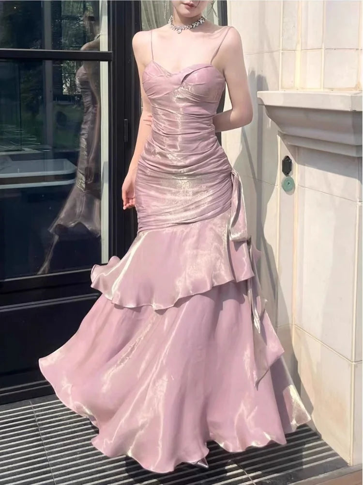 Elegant Ruffle Womens Dresses Sexy Spaghetti Strap Evening Birthday Party Dress Wedding Prom Vestidos Long Robe Female Clothing
