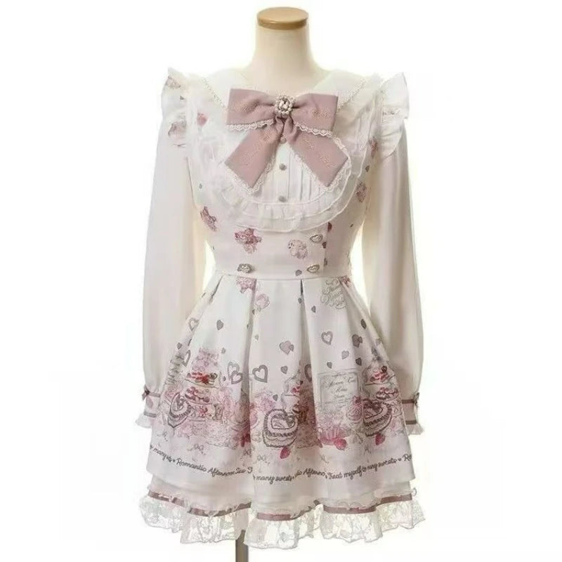 Japanese Kawaii Rhinestone Bow Dress Set Women Sweet Cute Lolita Style Lace Pearl Print Shirt Dresses Gothic Y2k Tea Party Dress